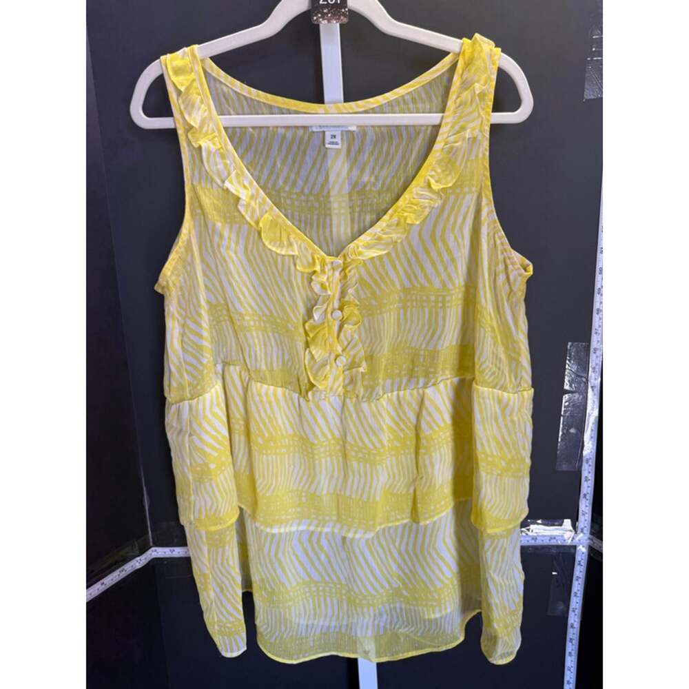 Women's Old Navy Yellow White Patterned Ruffle Sleeveless Blouse 2X